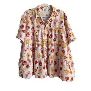 MOA MOA Women's 3X Floral Short Sleeve‎ Blouse with Button-Up Collared Boho Top